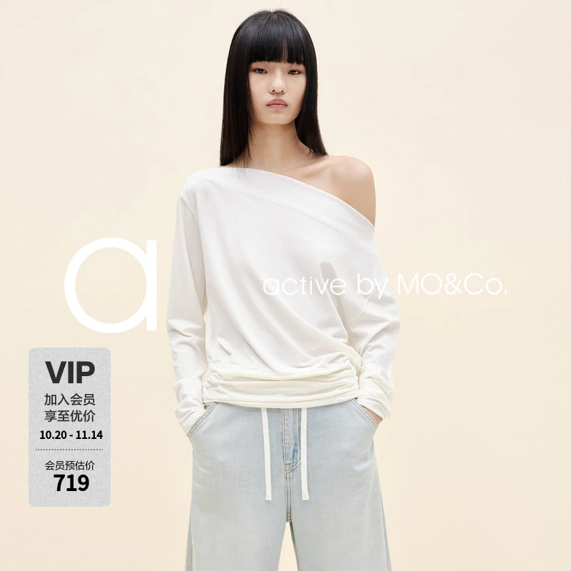 【active系列】MOCO上衣2025秋新品棉麻弹丝露肩T恤MBE3TEE018
