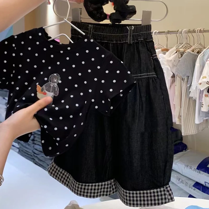 新款女童上衣韩版儿童短袖百搭休闲波点时尚黑色宝宝衣服