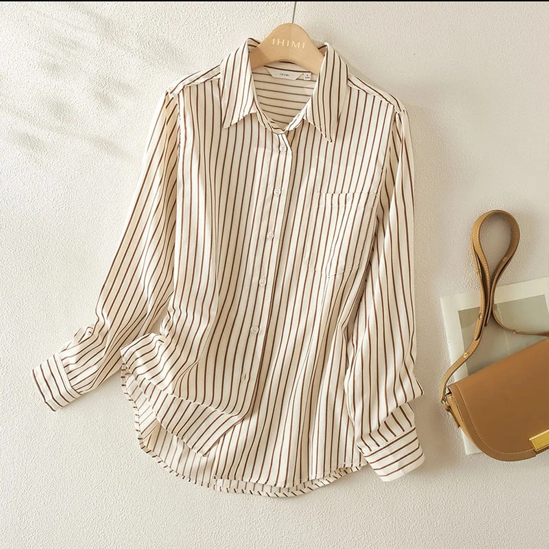 2025春季新款简约气质条纹单排扣时尚通勤衬衫长袖女衬衣百搭休闲