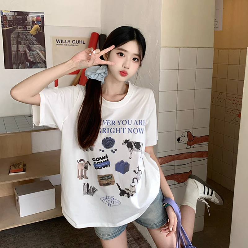 大码胖mm韩版正肩圆领水果动物卡通3D直喷印花显瘦遮肉宽松短袖