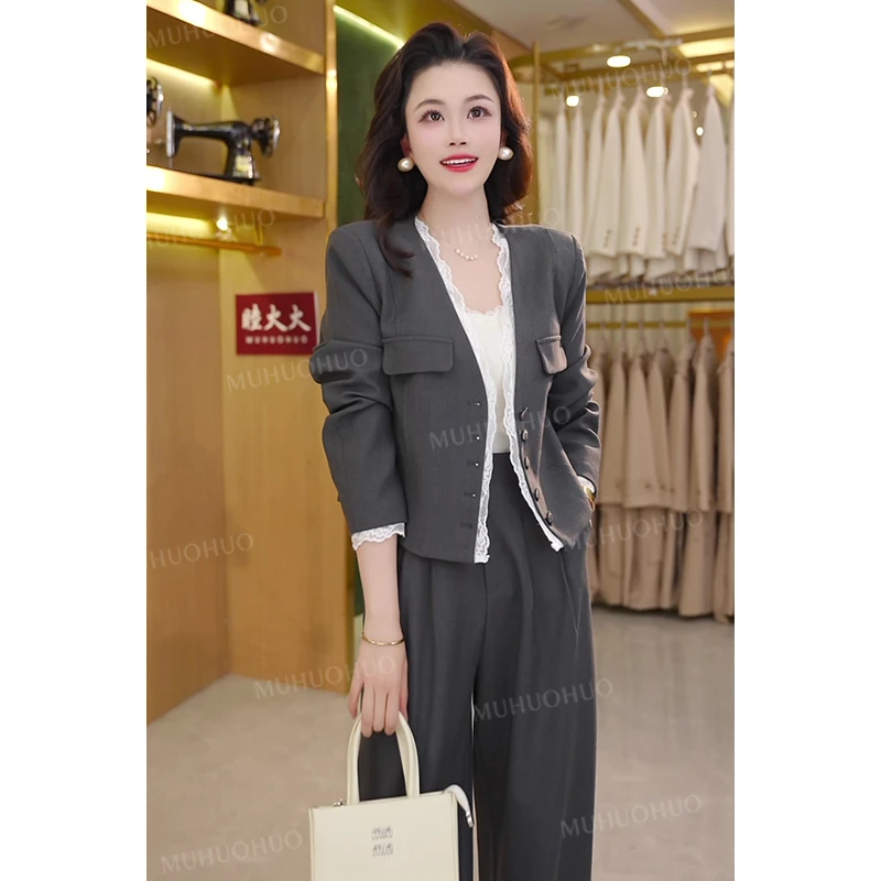 2025春季新款气质女生蕾丝小花边西服外套+阔腿裤韩版时尚套装