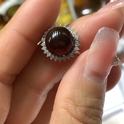 琥珀裸石银S925镶嵌血翳戒指