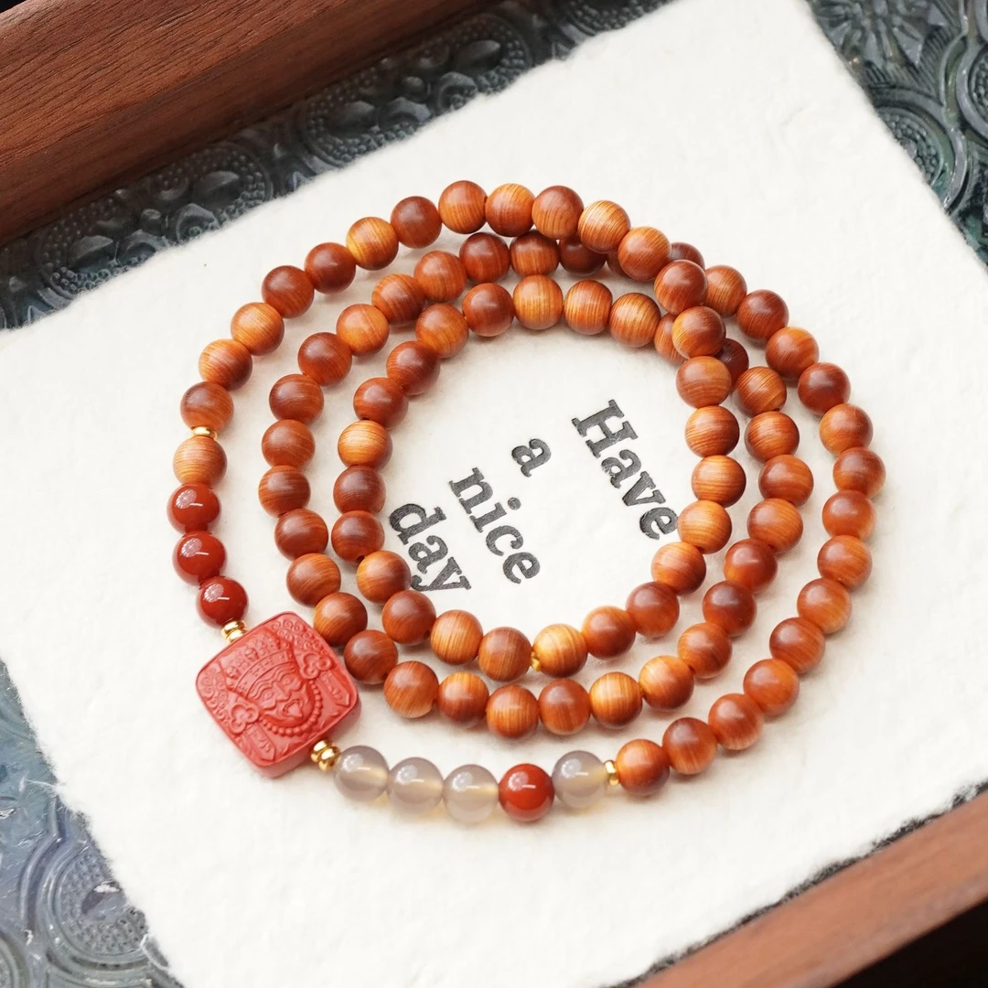 天然崖柏6mm圆珠雕刻扎基牌三圈手串