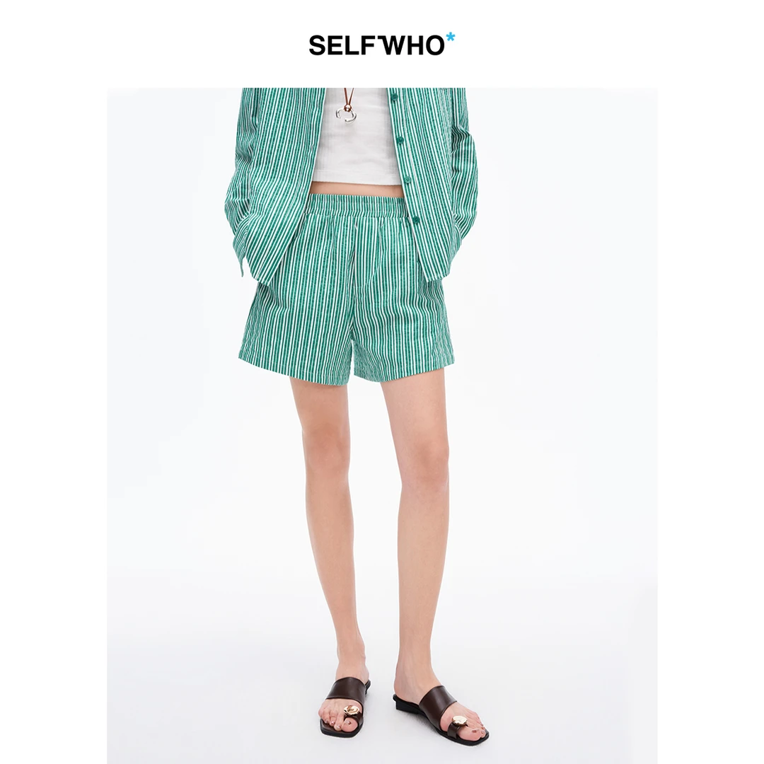 SELFWHO亚麻混纺绿色条纹短裤女2025春新款松紧腰宽松通勤休闲裤