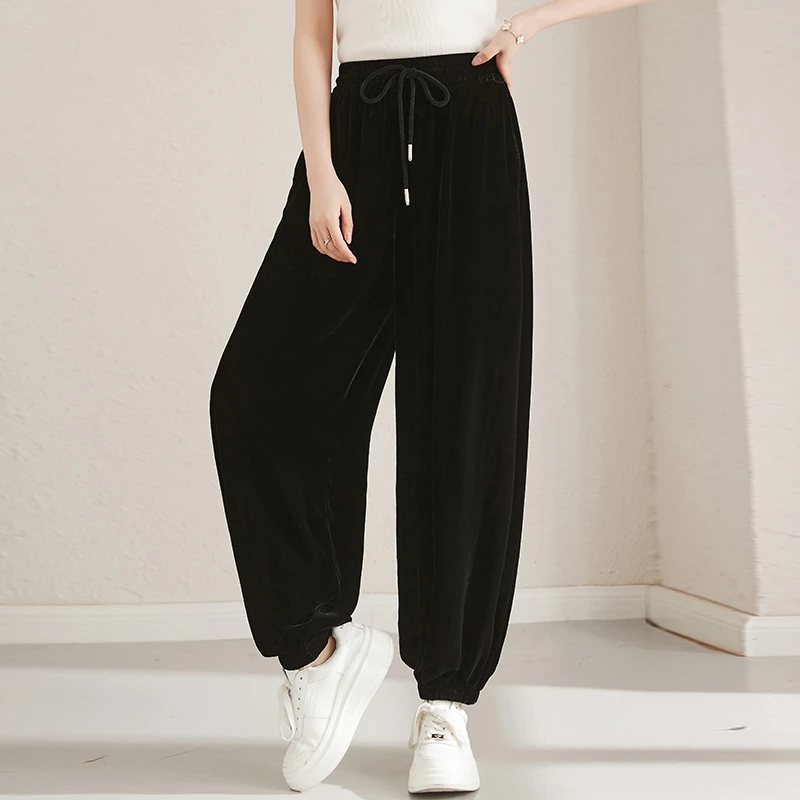 【田老板专属】R8689真丝丝绒休闲裤宽松哈伦裤女裤