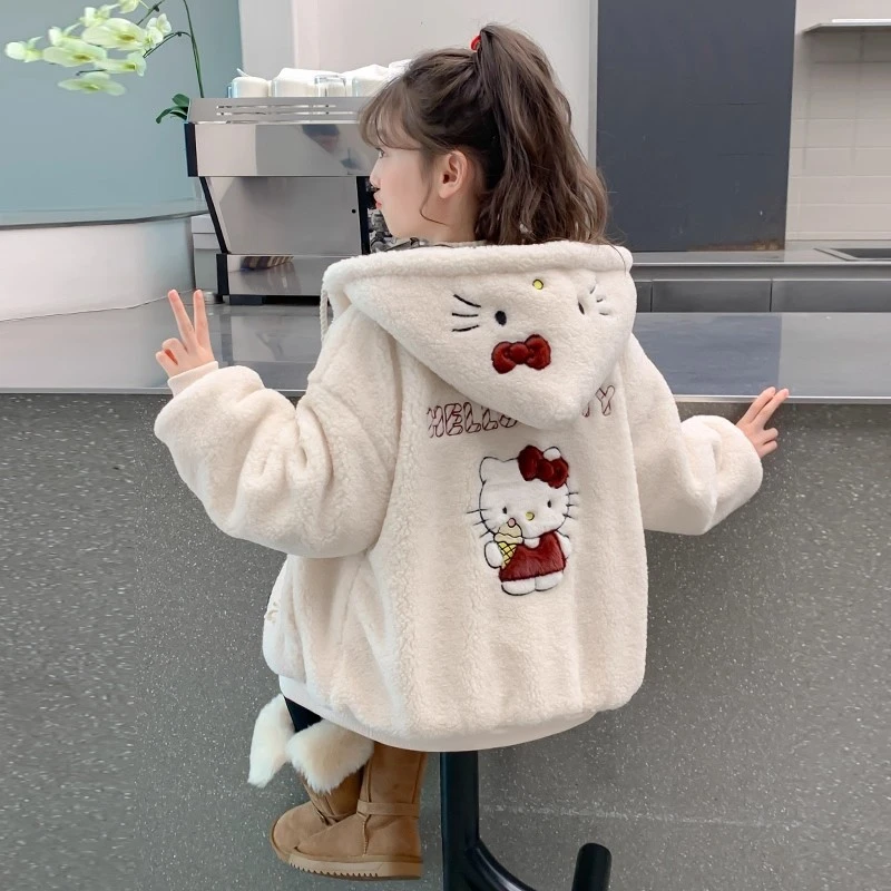 女童冬装羊羔绒外套2025新款洋气儿童凯蒂猫连帽上衣冬季加绒加厚