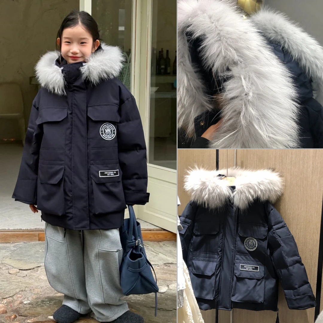 女童冬季新款藏青色工装风大毛领白鸭绒保暖羽绒外套  25D091