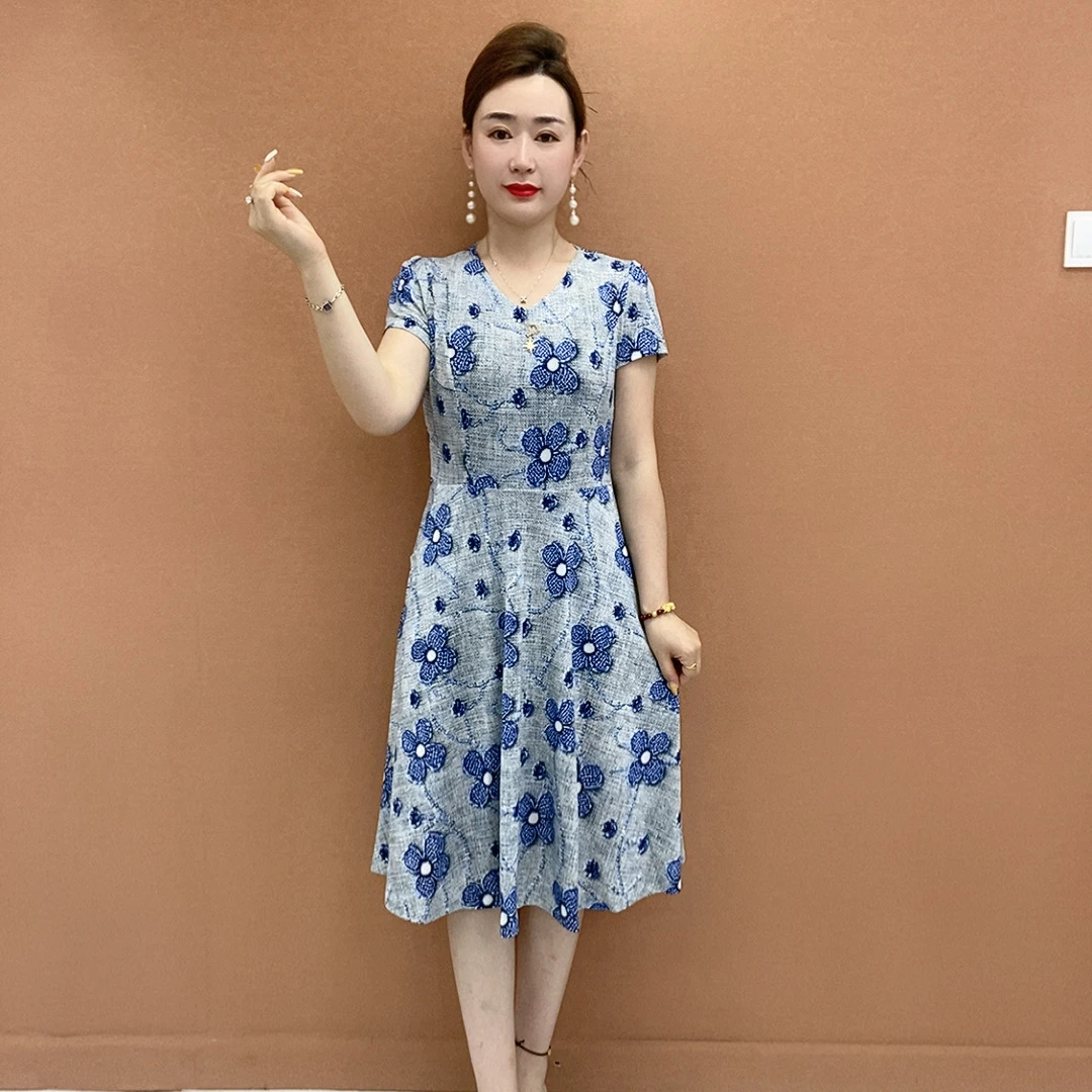 原版正品 大版型加长 减龄连衣裙夏季显瘦V领中长款 太阳花连衣裙