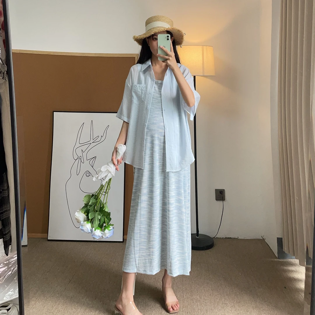 孕妇2025新款夏季韩版简约条纹吊带裙搭配防晒衬衫套装