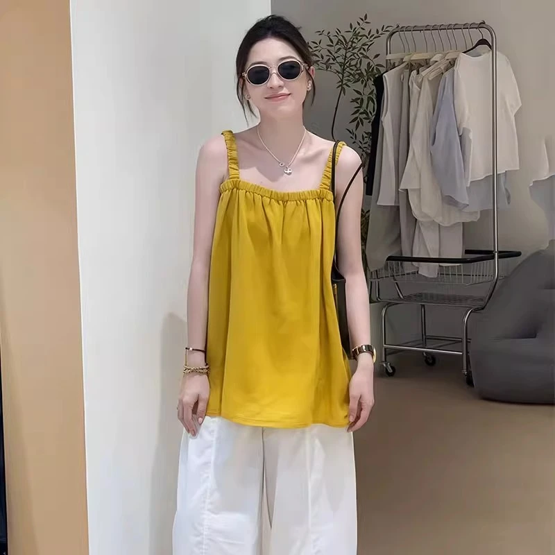 韩系设计感一字肩吊带无袖上衣女2025夏新款松弛感慵懒风背心衬衫