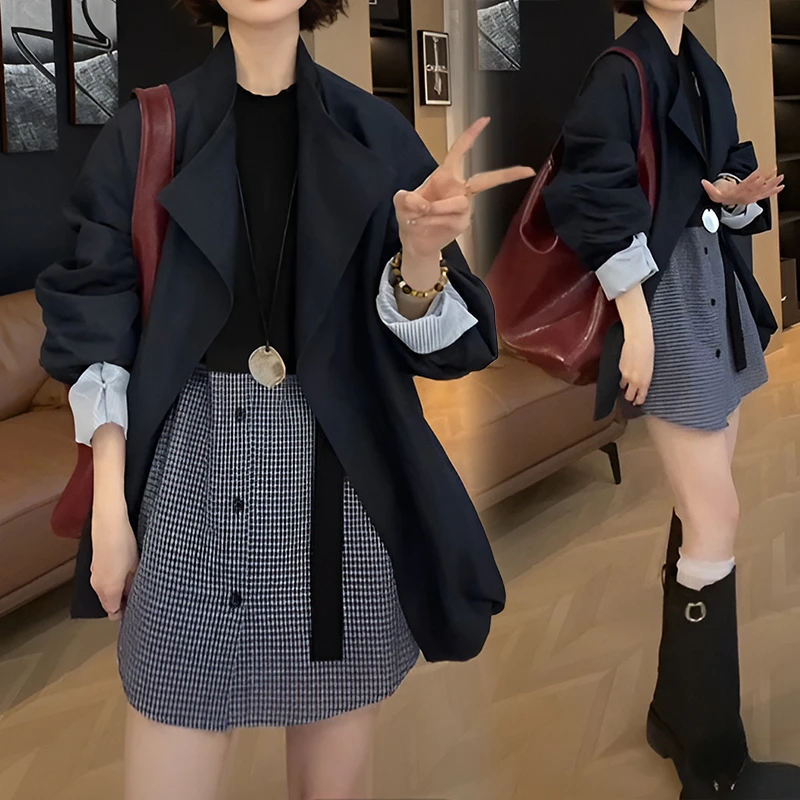 一粒扣复古休闲风衣女款2025新款春秋季小个子宽松显瘦拼色外套潮