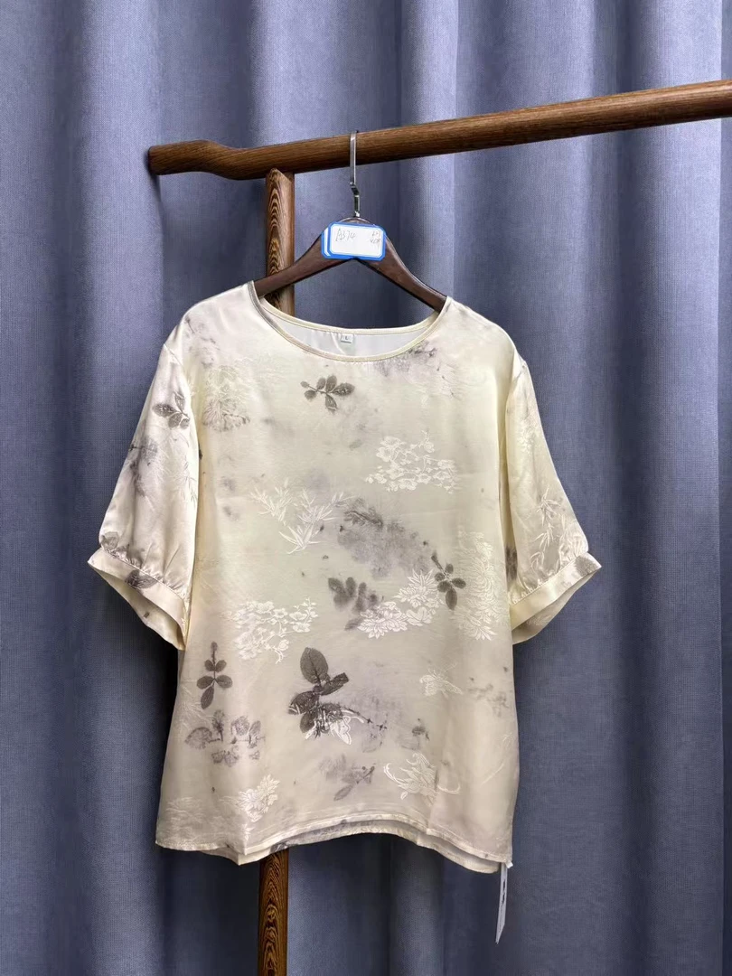 2025夏季新款休闲宽松百搭圆领桑蚕丝上衣短袖女A374