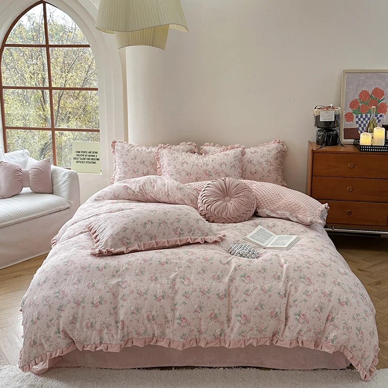 花边款棉加绒四件套A版母婴双层纱B版加厚宝宝绒冬季保暖套件床上