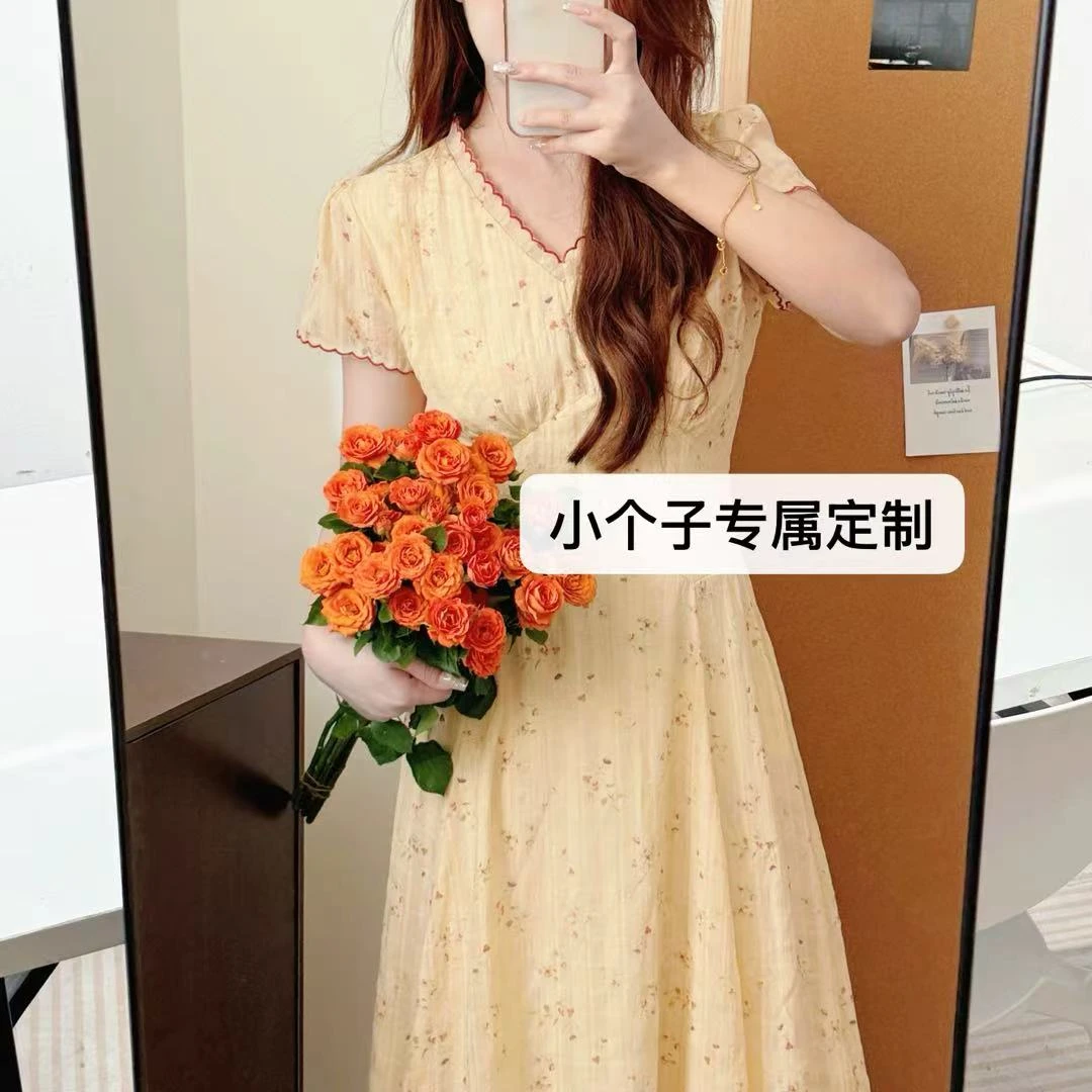 小个子专属定制纯欲气质V领显瘦复古夏季蔷薇碎花连衣裙减龄长裙