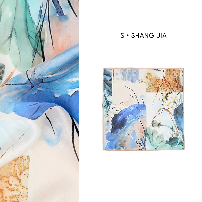 【十尚一家】丝巾大方蓝色花丝古风法式薄款外搭时尚时尚OL百搭风景