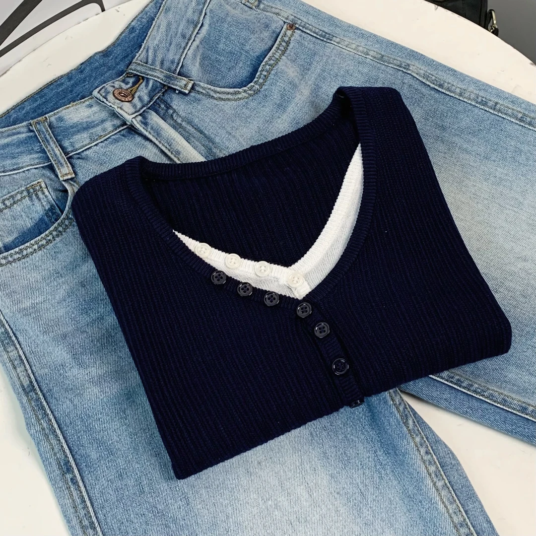 清-藏蓝色休闲假两件针织衫242278