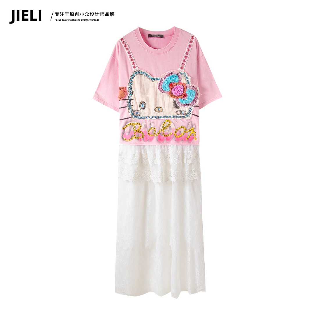 JIE LI/街力设计师高级感夏季kitty拼纱粉色T裙女W885