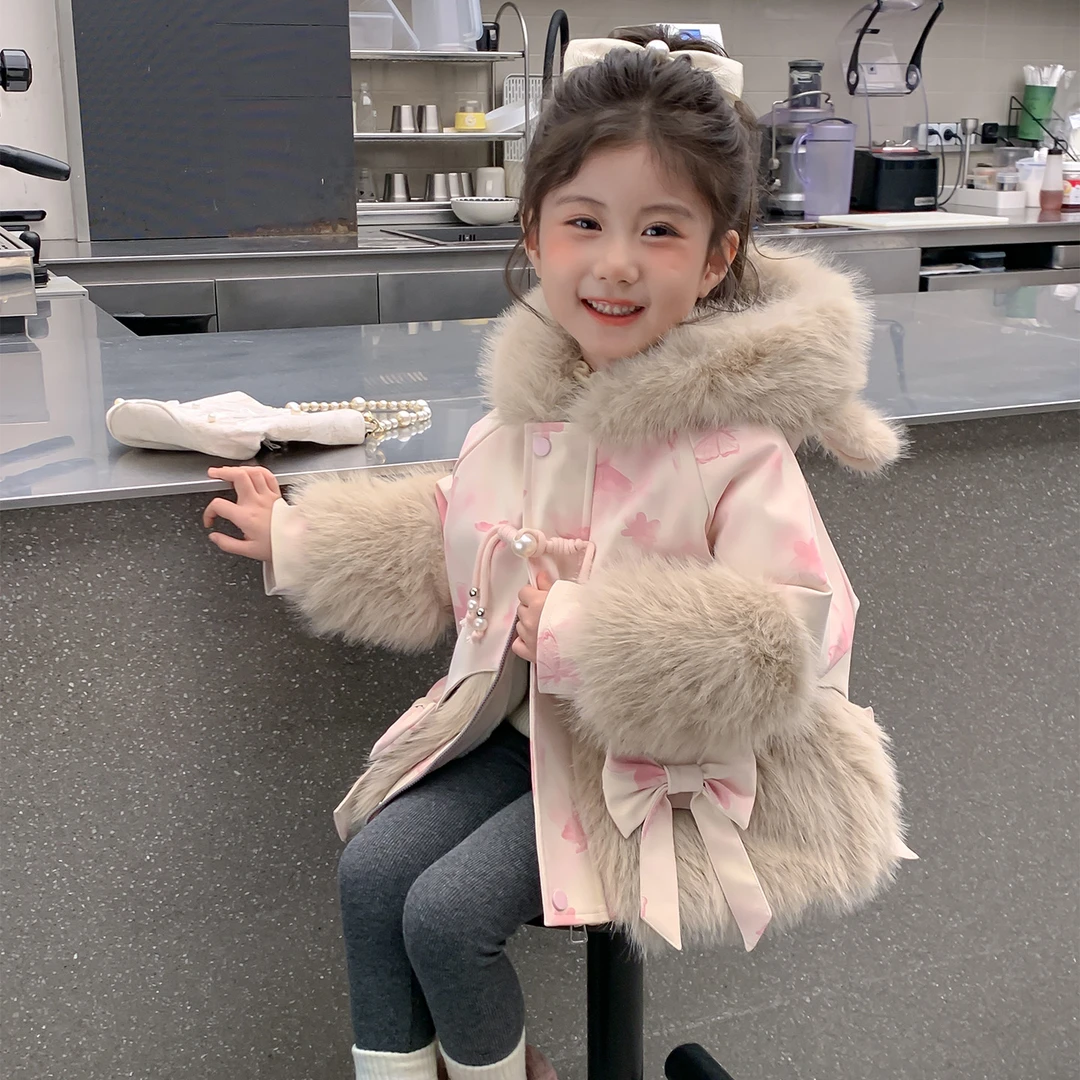 女童外套秋冬款2025新款洋气宝宝仿皮草派克服儿童冬装加绒毛毛衣