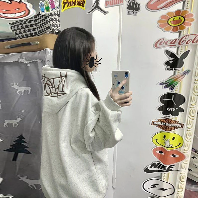 港风复古灰色字母刺绣连帽卫衣女秋冬季加绒加厚宽松长袖外套上衣