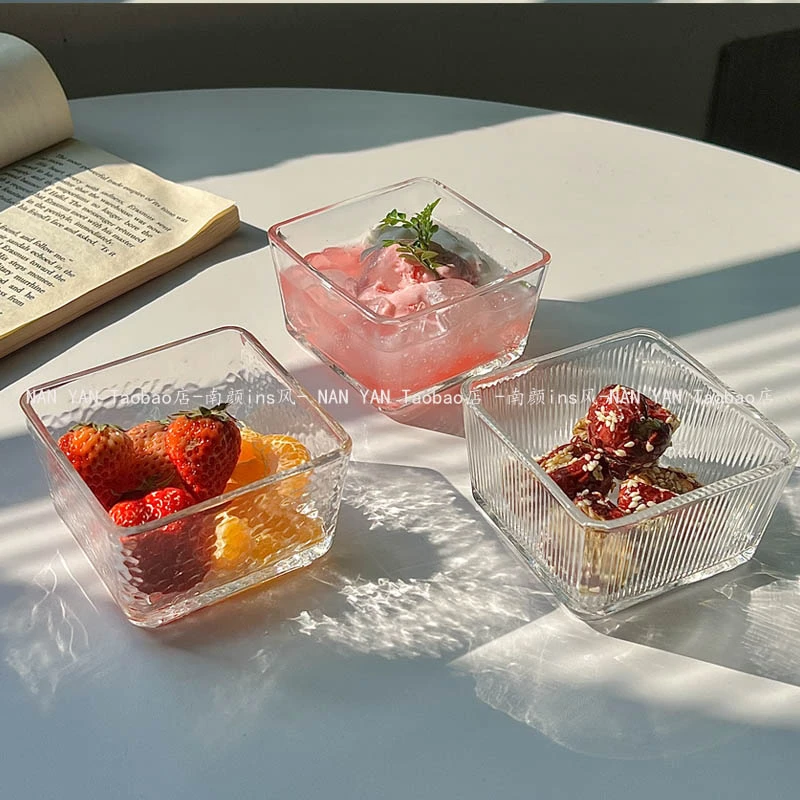 日本进口MUJ风小清新四方方形玻璃碗冰淇淋碗甜品水果麦片早餐碗