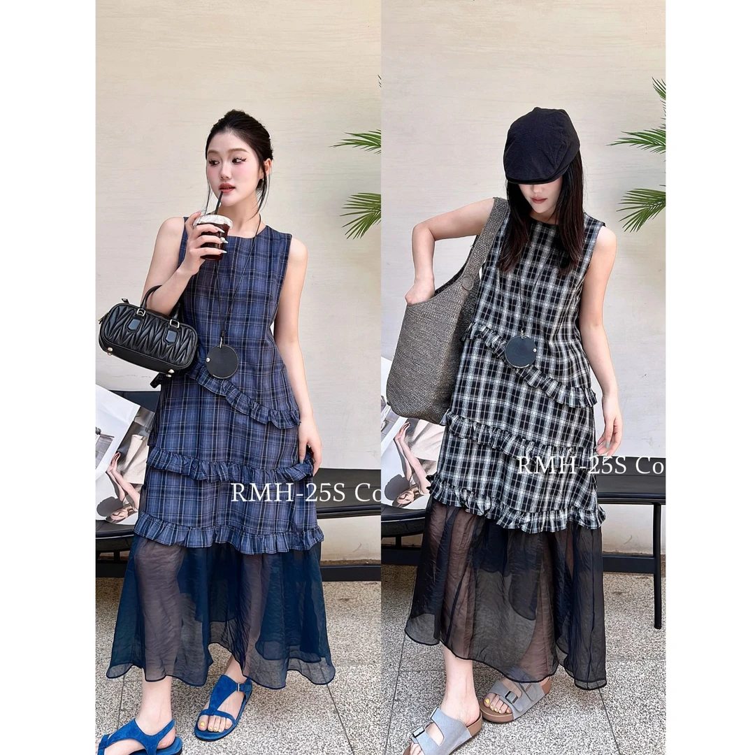 【YIBUDAOWEI】夏季欧根纱拼接格子无袖背心连衣裙显瘦中长裙 8801