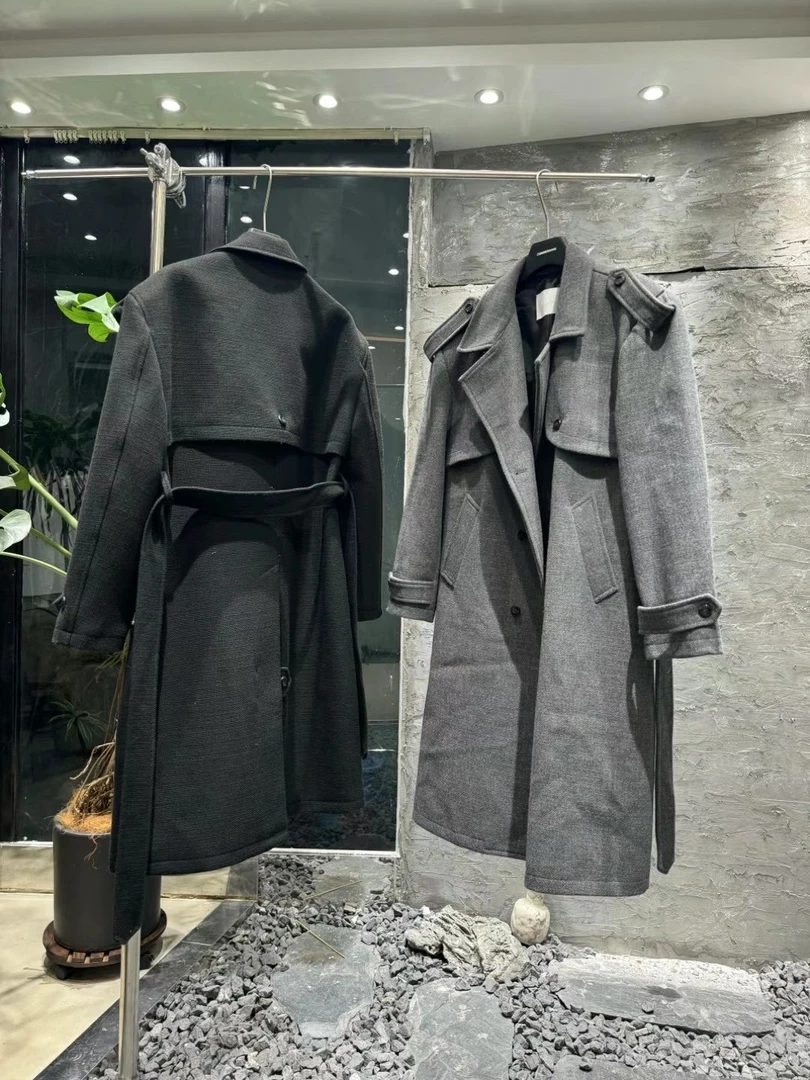 韩式经典简约廓形绑带垫肩大衣潮牌长款风衣男