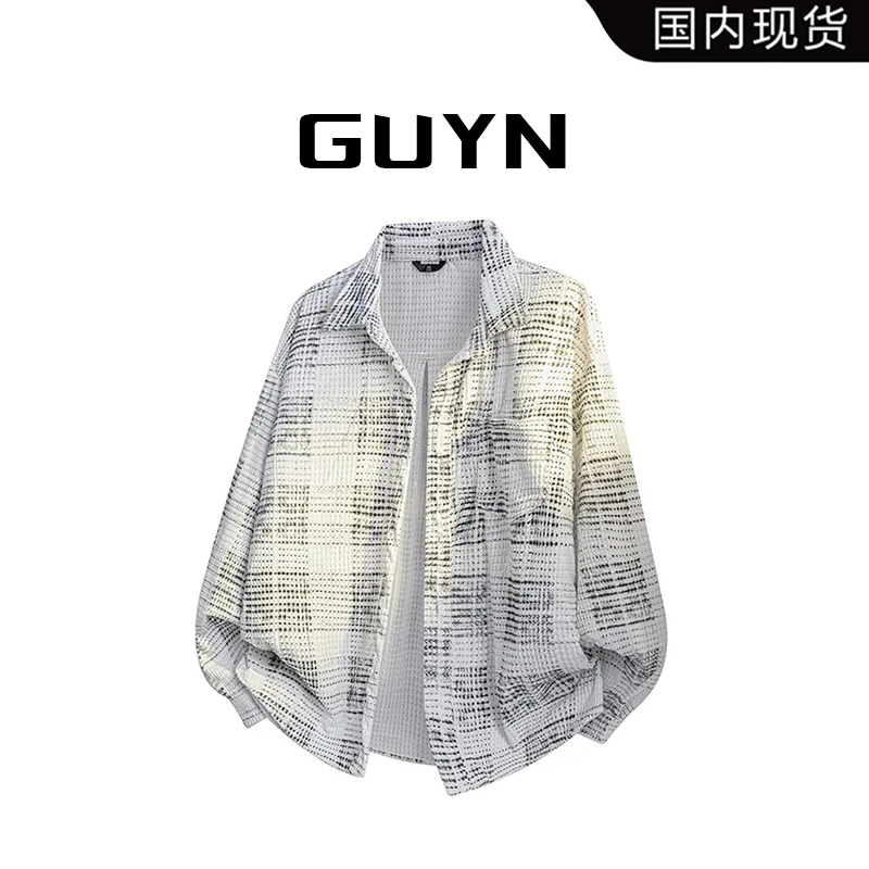【品牌现货】GUYN美式复古小香风衬衫男春秋季宽松大码休闲长袖衬衣