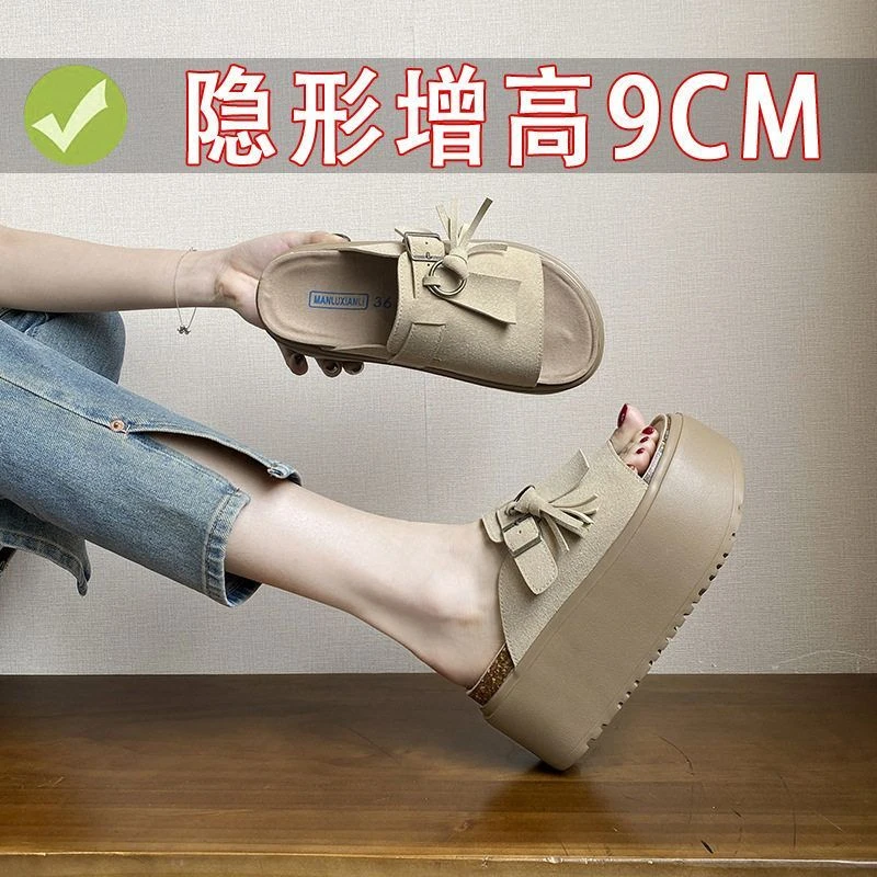 【仙女村】9cm小个子真皮勃肯拖鞋春季新款小码博肯秋冬女款内增高