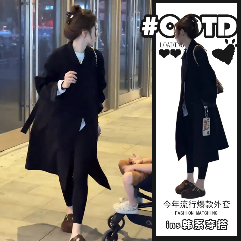 2025秋冬新款欧美宽松气质中长款黑色外套韩版别致小众显瘦风衣潮