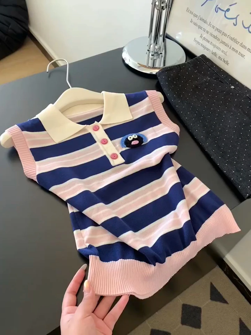 学院风简约设计感条纹POLO领纽扣设计感无袖背心女2025夏新款上衣