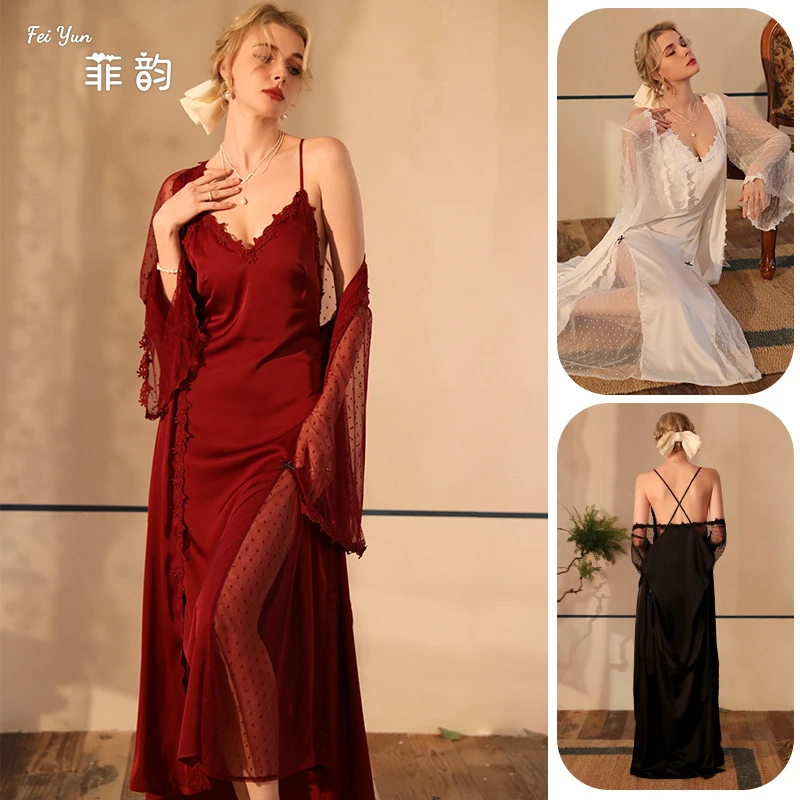 菲韵新款性感睡裙含胸垫加长款浴袍睡衣女长袖缎面家居服套装P31
