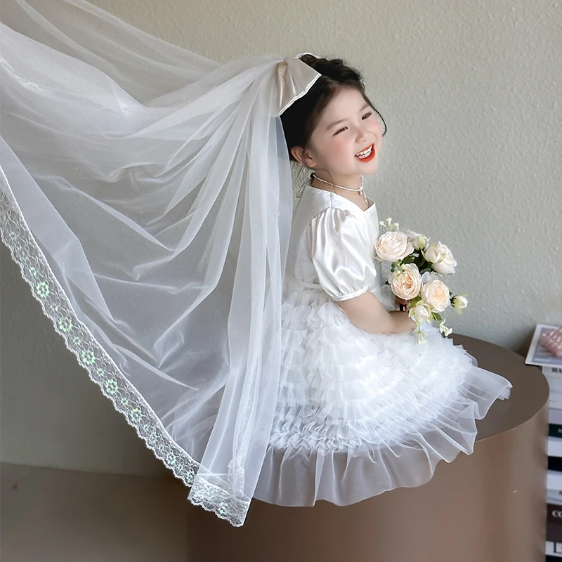 女小童夏季白色婚纱花童礼服裙甜美钢琴演出蓬蓬公主裙宝宝生日裙