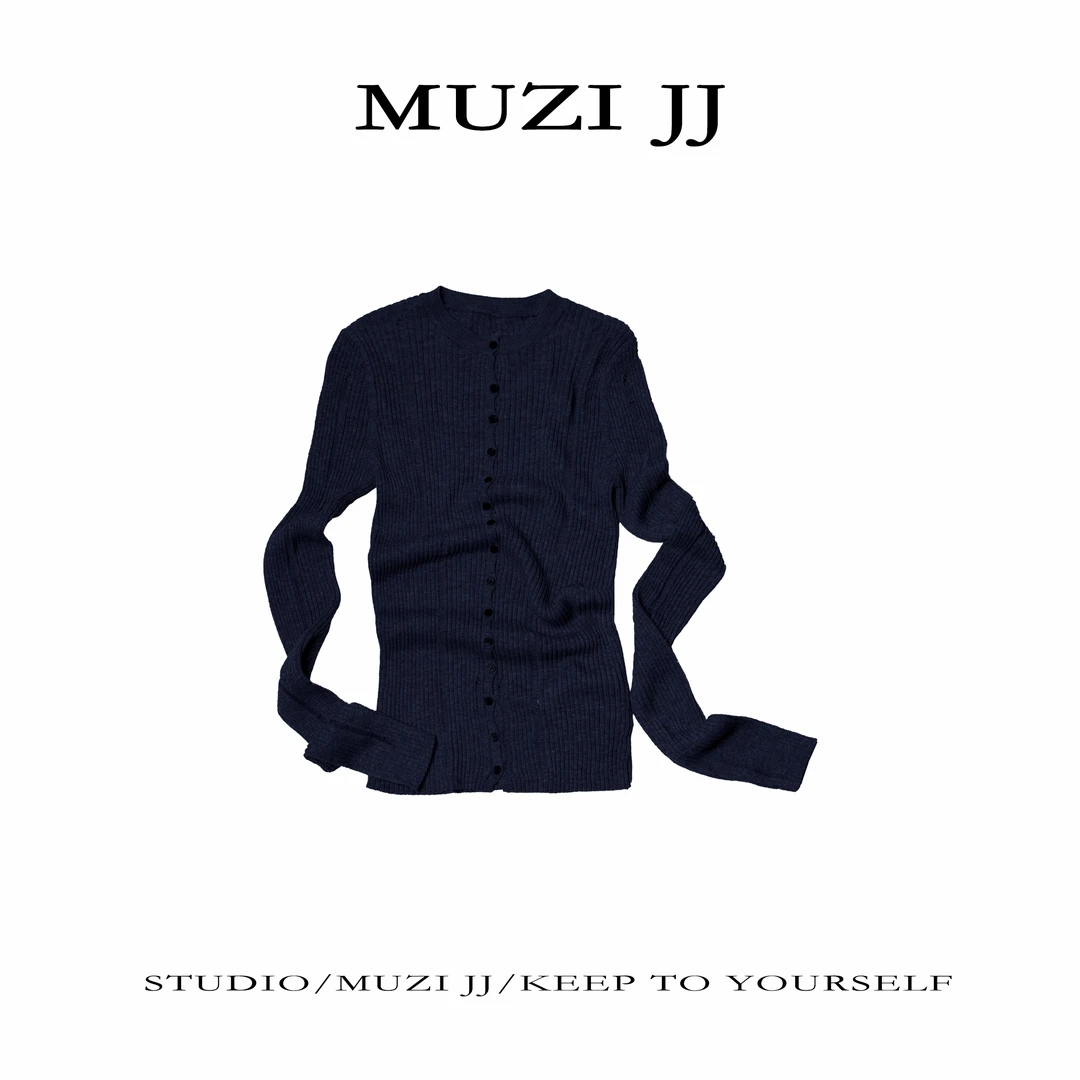 MUZI-7223#气质复古百搭修身显瘦坑条净色长袖针织开衫