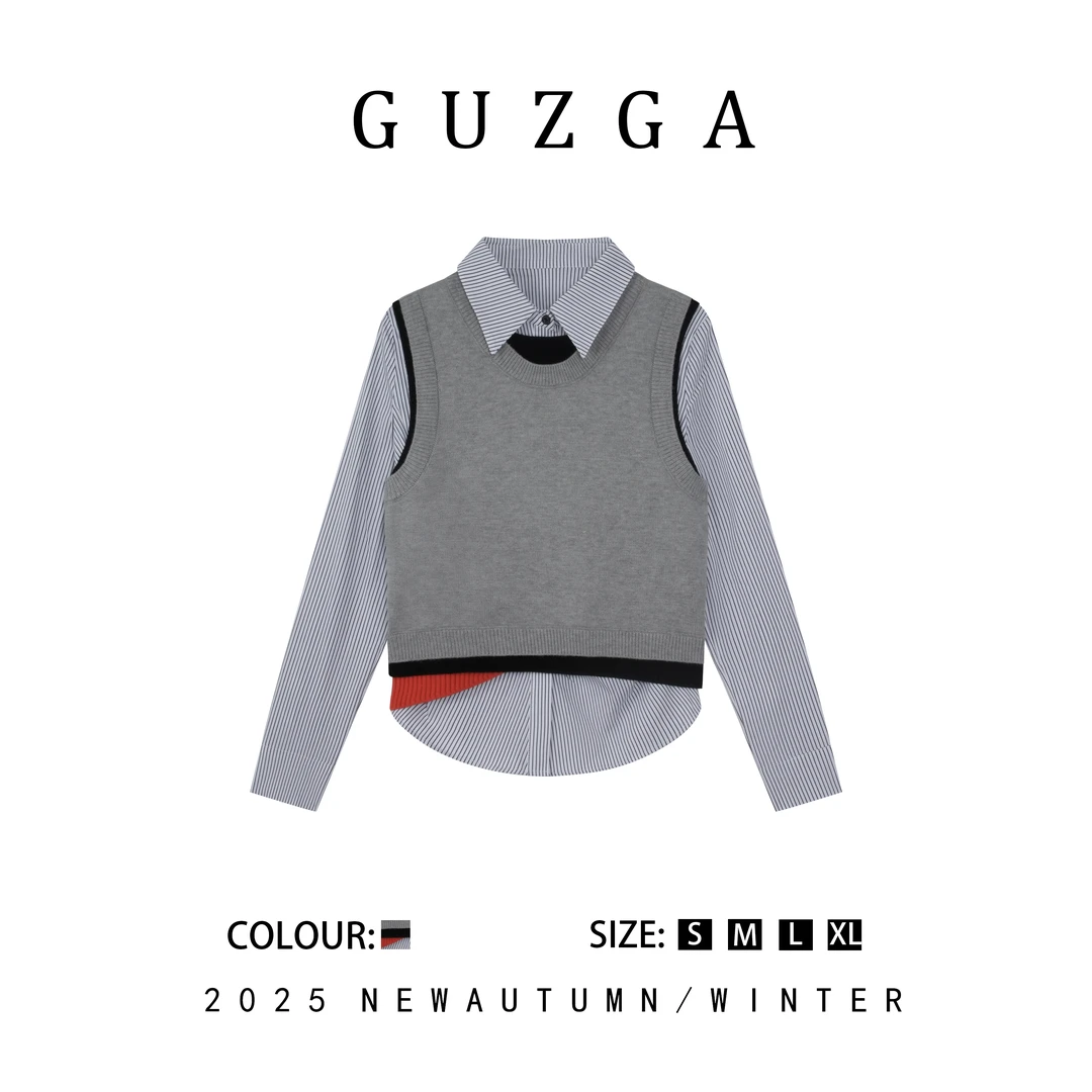 GUZGA【绘里枝利】2025早秋高级设计感马甲条纹衬衫上衣时尚百搭