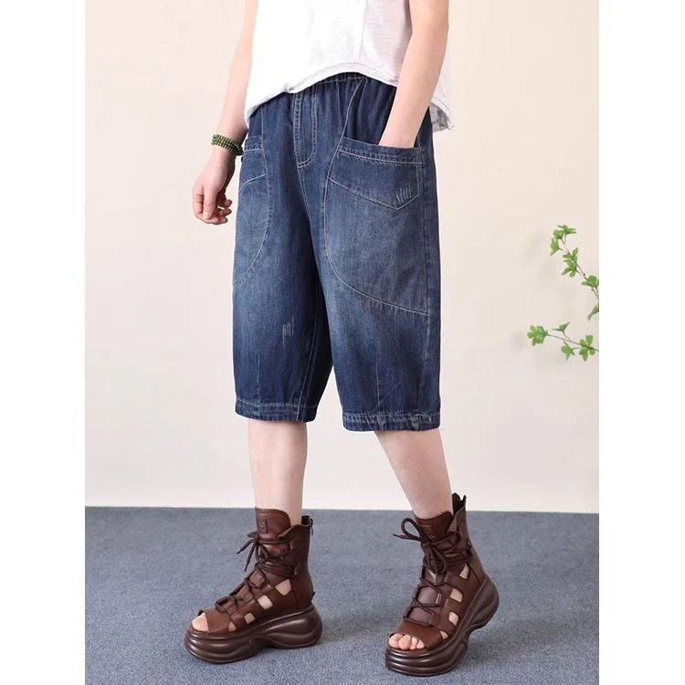 夏天薄款牛仔裤复古做旧大口袋六分裤女水洗磨破夏季宽松哈伦裤