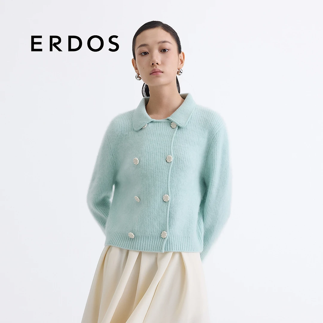 【羊绒外套】ERDOS 翻领双排扣针织开衫拉绒罗纹毛衣