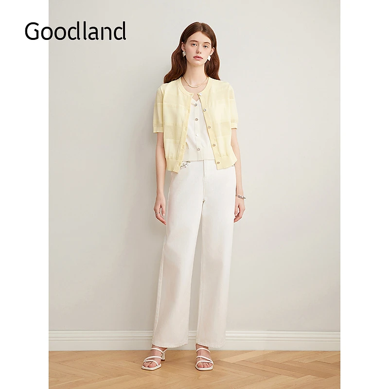 Goodland美地女装2025夏季新款气质假两件短袖针织开衫上衣薄款