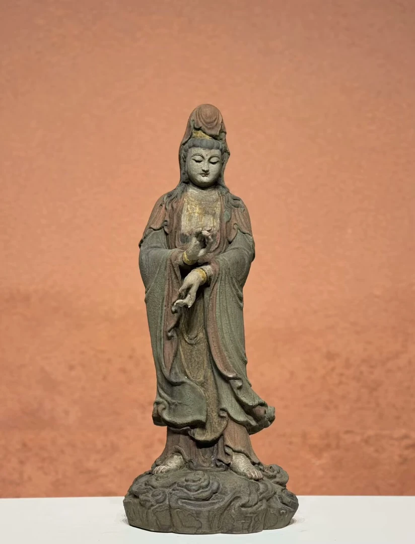 老木雕，老物件，木雕彩绘观音菩萨 高52厘米，佛像造像菩萨，禅意