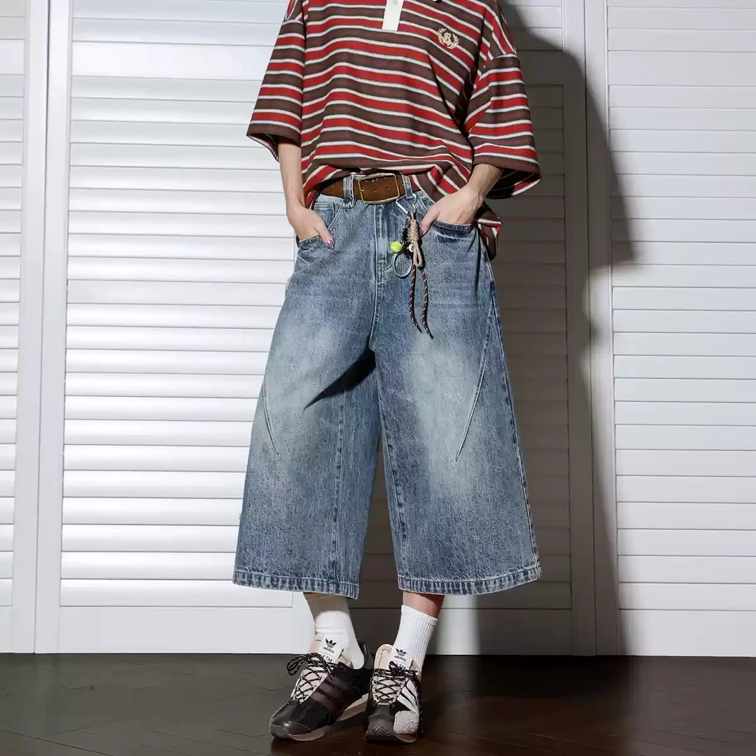 美式直筒宽松休闲七分牛仔裤男女夏薄款显瘦宽松阔腿裤夏季破洞