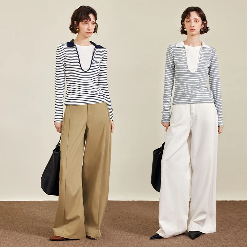 AEL原创假两件长袖撞色条纹T恤女2025秋季显瘦设计感上衣AS5CT442
