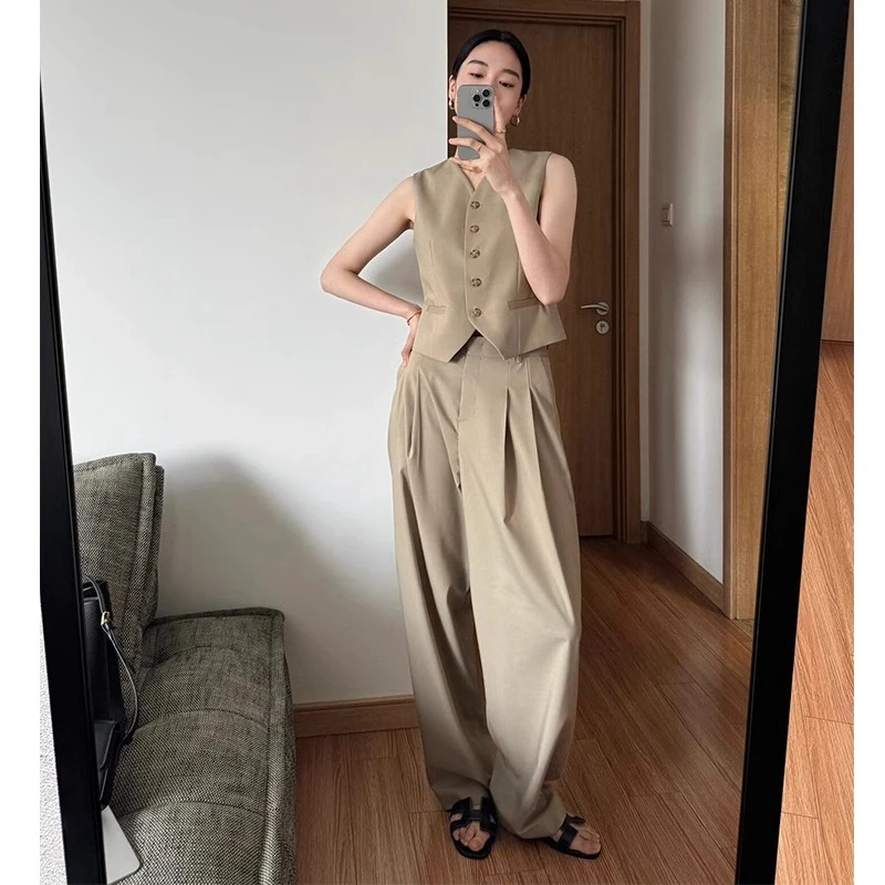 复古马甲西装套装女2025夏新款时尚气质通勤百搭显瘦阔腿裤两件套