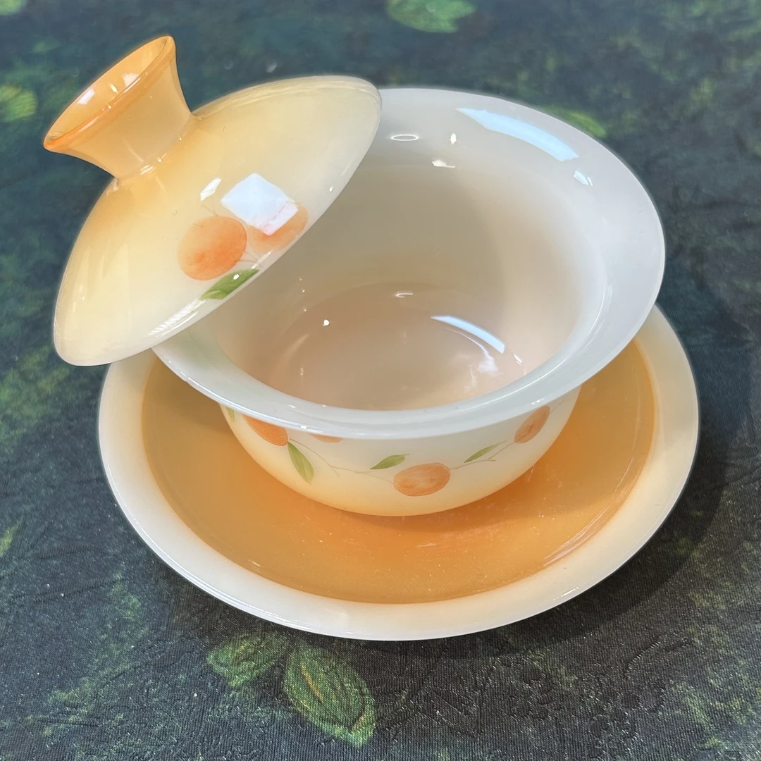 冰种璞玉手绘柿柿如意三才盖碗