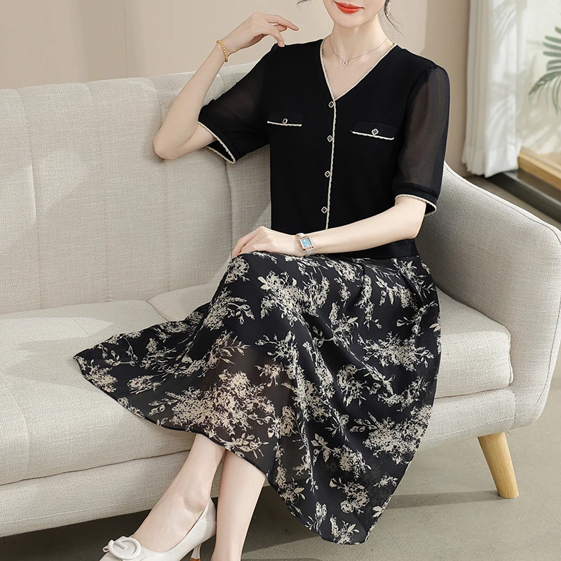 小个子妈妈夏季花色短袖连衣裙气质减龄中年女装小香风碎花裙子