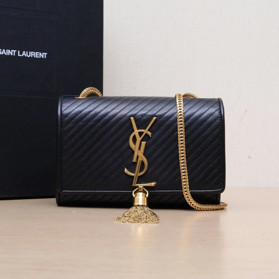 95新 YSL/圣罗兰 花花KATE Mini 17 流苏 黑色 皮革C