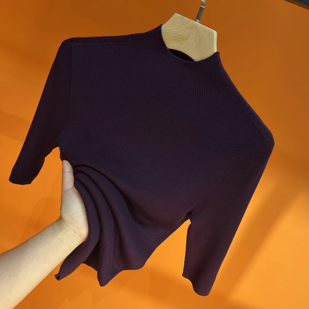 2025春装新款莱赛尔天丝袖中半高领无缝一体可机洗修身针织衫打底