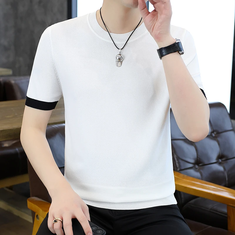 高档简约冰麻针织拼色短袖T恤男士夏季时尚潮流半袖体恤男装M208