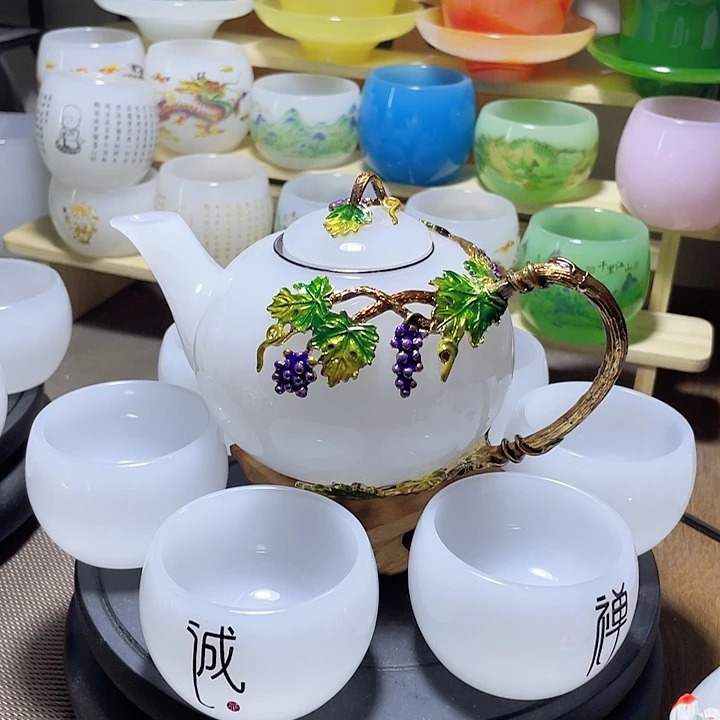 琉璃中式珐琅彩多子多福一壶六杯礼盒套装