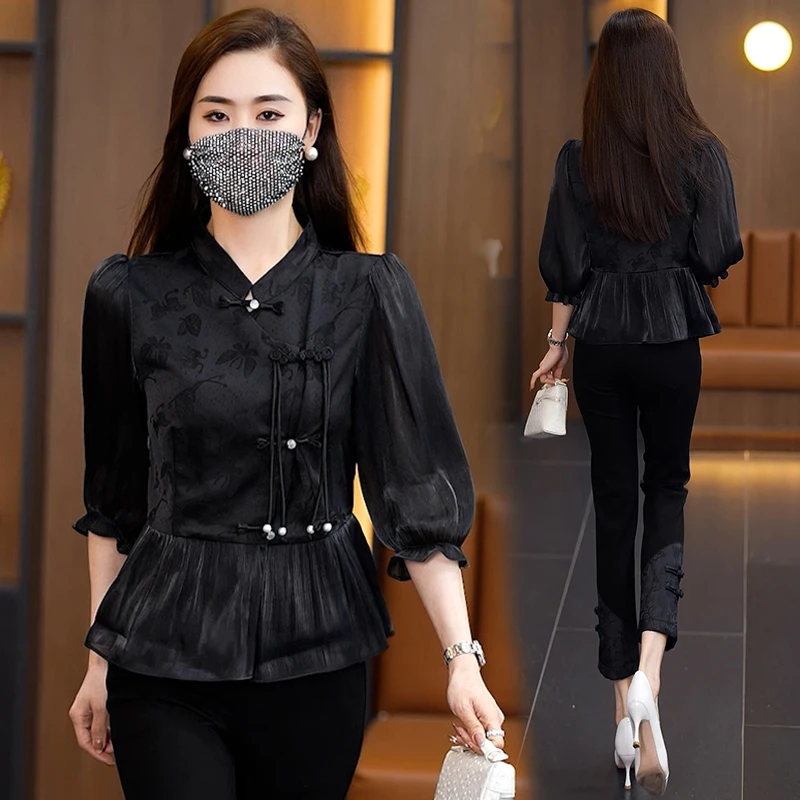 2025立领七分袖常规春季耐脏刺绣衬衫气质女装洋气小衫复古