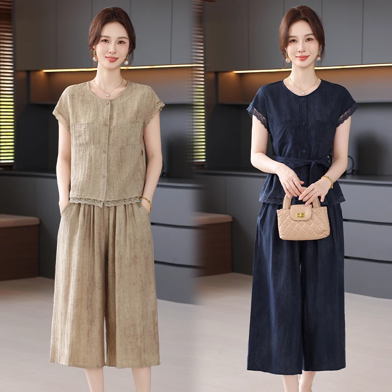 【大唐夫人】妈妈装夏装套装圆领荷叶裙宽松型时尚中老年女装减龄