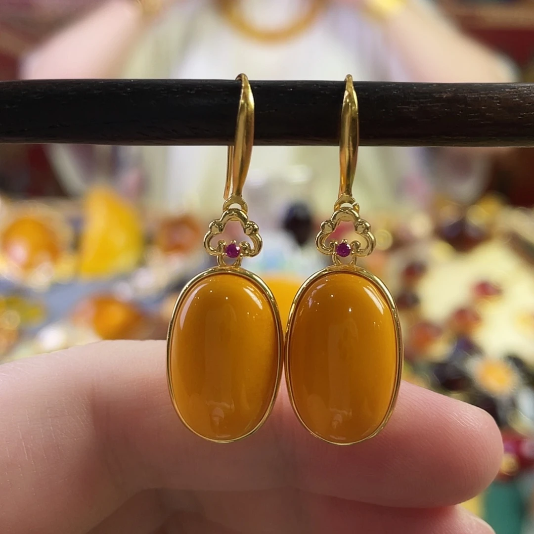 银S925镀金镶嵌蜜蜡耳环